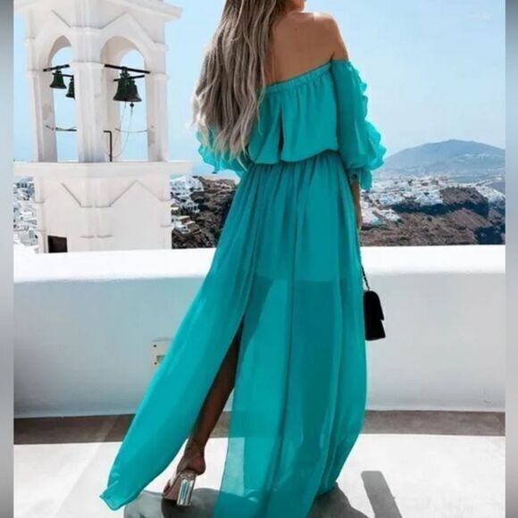 Cupshe Sexy Boho Off shoulder Beach Style ruffles split Turquoise‎ L RefCPS086 - Picture 6 of 13